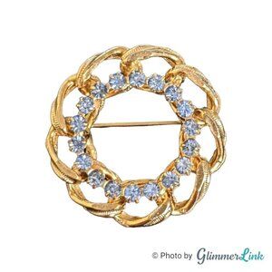 Vintage Blue Rhinestones Chain Link Circle Wreath Gold Tone Brooch